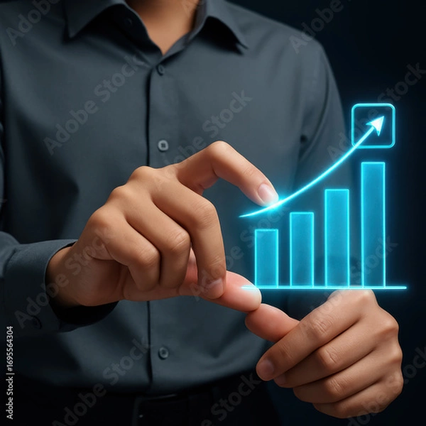 Fototapeta Businessman hand holding hologram bar chart showing business growth and financial success, digital glowing chart with rising line symbolizing market growth and data analytics.