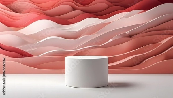 Fototapeta Minimalist white cylinder podium placed on a light surface against a backdrop of flowing abstract waves in shades of pink and coral