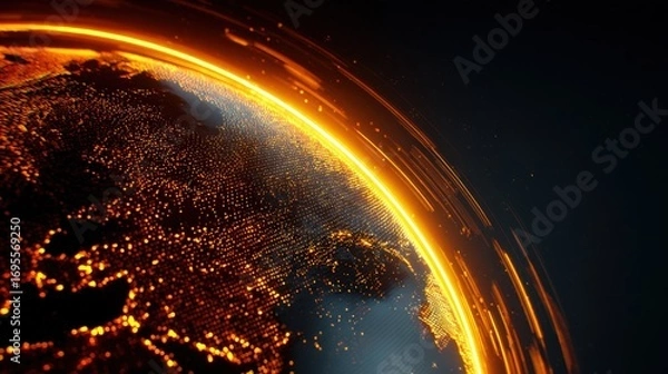 Fototapeta Futuristic digital sphere with glowing data streams on dark background