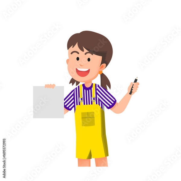 Fototapeta A little girl holds a pencil and a blank sheet of paper