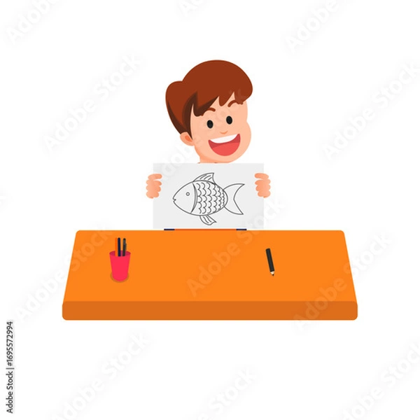 Fototapeta A boy proudly shows a drawing of a fish in his sketchbook