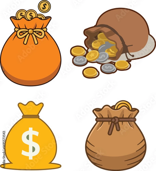 Fototapeta Set of Money Bag Vector Icons with Gold Coins