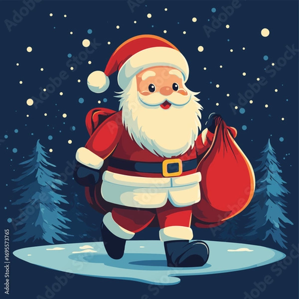 Fototapeta Santa Claus carries a huge bag. Empty space for your New Year advertising. Selling holiday gifts to customers. , vector style simple color