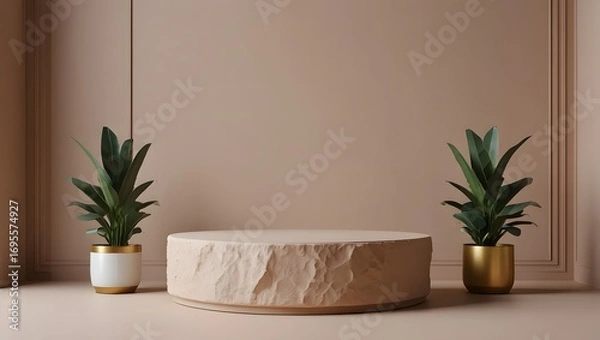 Fototapeta Minimalist interior scene featuring a textured stone podium flanked by potted plants in gold and white planters