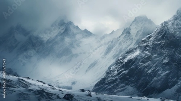 Fototapeta Snowy mountain peaks shrouded in mist and clouds image