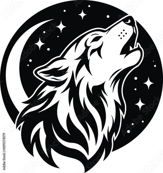 Fototapeta Howling wolf head silhouette with moon and stars, mystical night animal illustration, vector design symbolizing wilderness, nature, freedom and strength