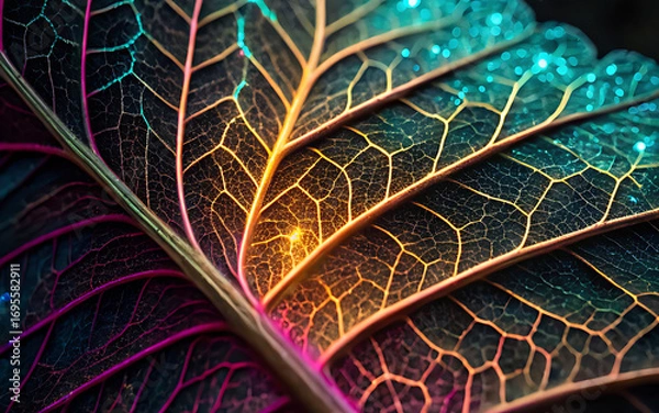 Obraz A close up of a leaf with glowing veins and colorful highlights on a dark background texture design