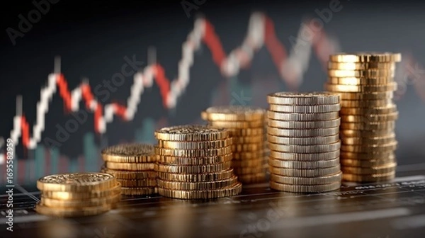 Fototapeta Stacked coins against the backdrop of a financial graph, symbolizing the power of compound growth and investment success. ..Created with Generative AI, not depicting real subjects.