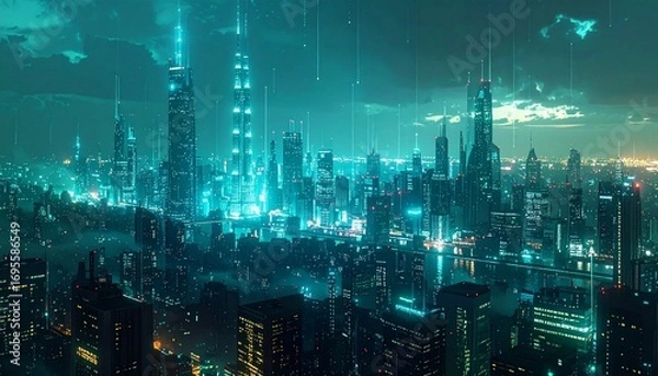 Fototapeta Abstract teal city lights background with digital interface overlay. Showcasing technological advancement and modern urban life. Ideal for tech or futuristic concepts. Detailed high quality image.