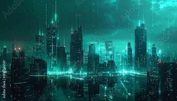 Fototapeta Abstract teal city lights background with digital interface overlay. Showcasing technological advancement and modern urban life. Ideal for tech or futuristic concepts. Detailed high quality image.