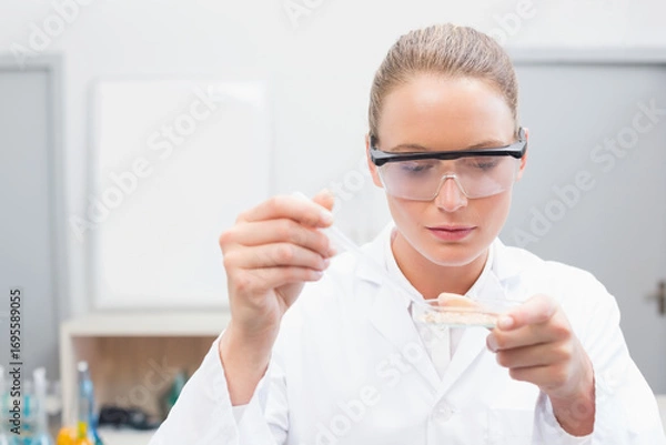 Fototapeta Female lab technician wearing lab coat dispensing liquid with pipette into petri dish at bench
