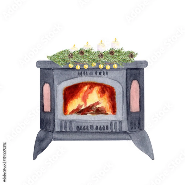 Fototapeta Stove with burning fire, decorated with pine branches, candles, string lights. Watercolor ideal for Christmas cards, posters, invitations, wrapping paper, scrapbooking, cozy holiday design. Fireplace.