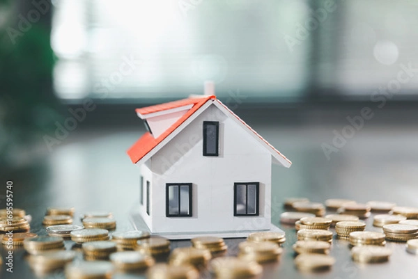 Fototapeta Model house, stacks of coins, calculator, financial documents on a wooden desk represent real estate investment and mortgage planning, highlighting financial growth and strategic planning strategies.