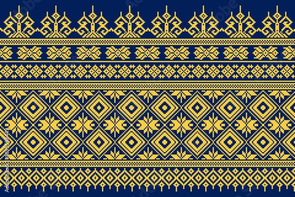 Fototapeta Pixel motif ethnic geometric floral pattern Background in vector. Design for saree sarong songket bandhani sari  dupatta batik embroidery cross stitch knitted fabric clothing. Traditional style.