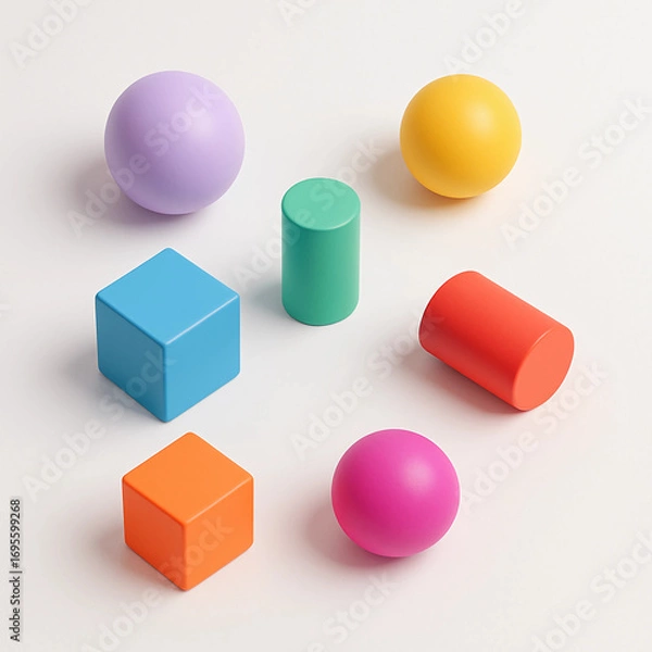 Fototapeta Vibrant 3D shapes collection with spheres, cubes and cylinders, abstract geometric elements for education, design, and digital graphics.
