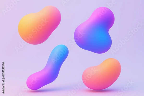 Fototapeta Collection of vibrant 3D gradient abstract blobs, fluid colorful shapes floating on soft pastel background, modern digital resources.