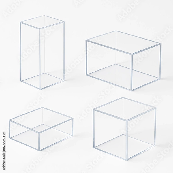Fototapeta Minimal 3D wireframe cubes isolated on white, modern geometric abstract line shapes for mockups, product design and digital resources.