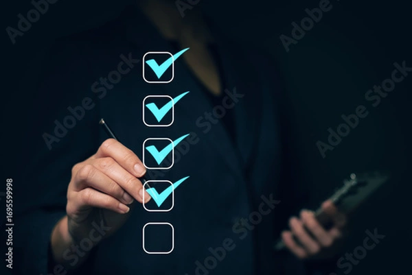 Fototapeta Reviewing and completing online survey forms document management system Assessment form, questionnaire, checklist and clipboard management Quality control...