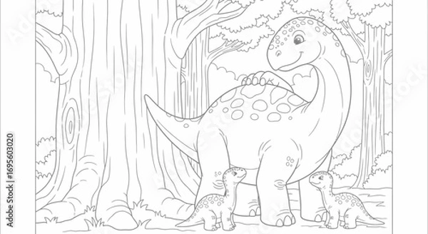 Fototapeta Charming Dinosaur Family Outing in Forest Coloring Page for Creative Kids Art