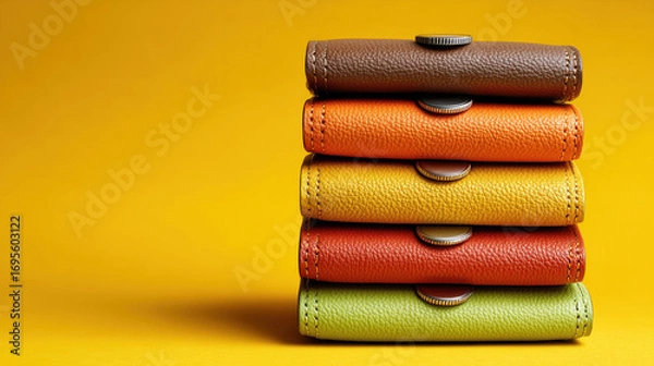 Fototapeta Colorful stack of leather wallets arranged neatly on vibrant yellow background