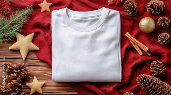 Fototapeta Christmas flat lay mockup with white t-shirt folded on red cloth and wooden desk, surrounded by pinecones, cinnamon sticks, golden star ornaments, top view with blank area.