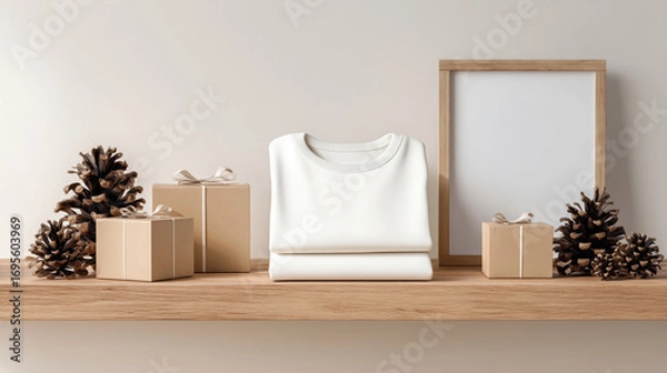 Fototapeta Christmas minimalist shelf mockup with white t-shirt mockup folded on shelf, small gift boxes and pinecones, plain wall behind for text.