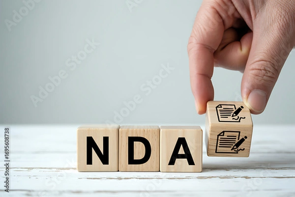 Fototapeta Hand places a cube with checkbox icon next to nda wooden blocks symbolizing agreement and confidentiality in business deals