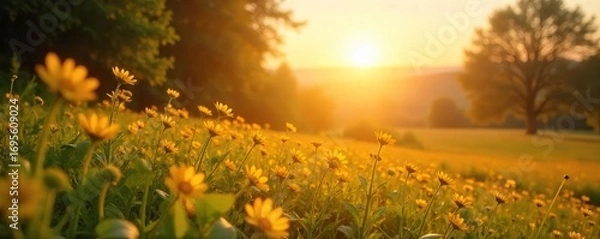 Obraz Serene landscape bathed in golden sunlight, evoking a feeling of effortless joy and contentment Perfect for concepts of peace, tranquility, and well-being , relaxation, sky