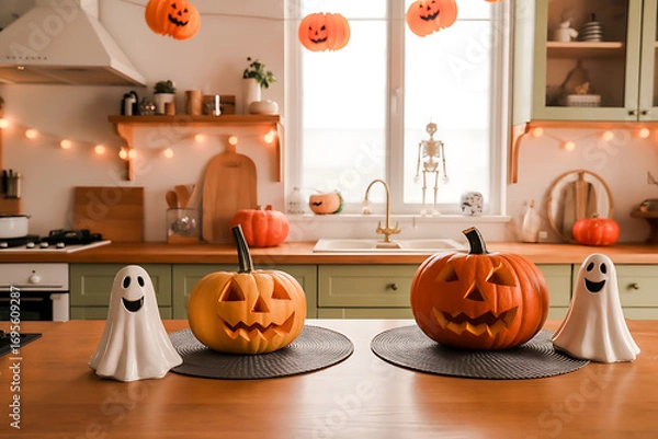 Fototapeta Festive halloween kitchen decor with carved pumpkins spooky ghost figures and twinkling lights creating a warm inviting seasonal atmosphere