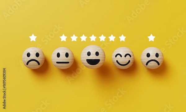 Fototapeta Five painted eggs with different facial expressions representing customer satisfaction ratings and star ratings above them on a yellow surface.