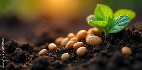 Obraz Close-up view of various seeds nestled in rich, dark soil, ready for planting Sunlight gently illuminates the scene, highlighting the tiny seeds and the fertile earth , dark, agriculture