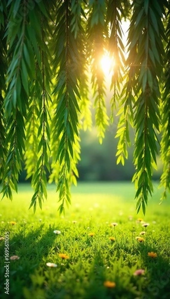 Obraz Sun-Drenched Willow Branches Grace a Serene Summer Meadow, Their Leaves Shimmering in Golden Light ? A Peaceful Idyllic Scene Perfect for Summer Themes and Nature Photography