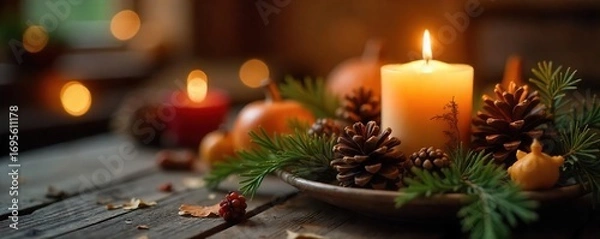 Obraz Cozy autumn ambiance with a rustic pine cone arrangement casting a warm, inviting glow from candlelight Perfect for holiday, nature, and home decor themes , holiday, darkness, green