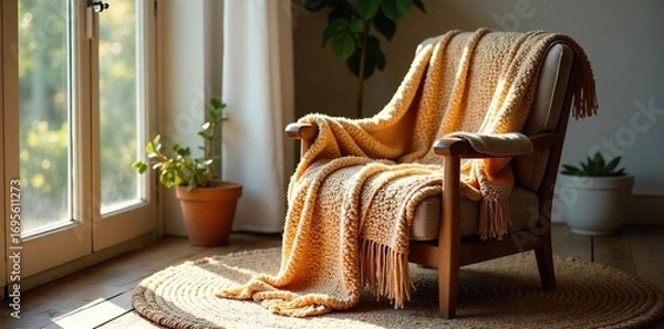 Obraz Cozy, warm wool throw blanket draped over a rustic wooden armchair in a sunlit living room Perfect for adding texture and warmth to your interior design , woven, sheep