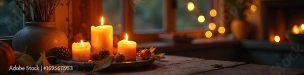 Obraz Cozy autumn evening scene with flickering candlelight illuminating warm, inviting space  Perfect for home decor, hygge, relaxation, and seasonal themes , fireplace, hygge, ambiance