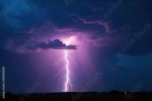 Obraz Dramatic lightning bolt striking during a powerful thunderstorm, illuminating a dark and stormy sky The intense flash reveals rain-filled clouds and the raw power of nature , energy, nature