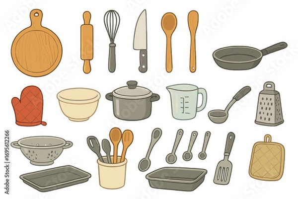 Fototapeta Vector collection of kitchen utensils for cooking. Big set of baking tools icons. Cartoon illustration of cookware and kitchenware for culinary design, isolated objects.