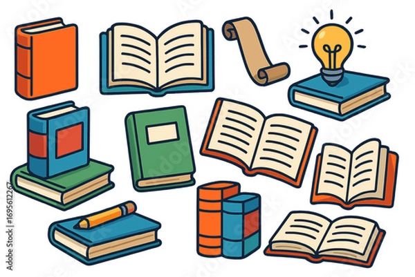 Fototapeta Book icon set vector cartoon illustration. Collection of open and closed books, stacks, library symbols. Concept for education, learning, knowledge, reading, literature, idea.