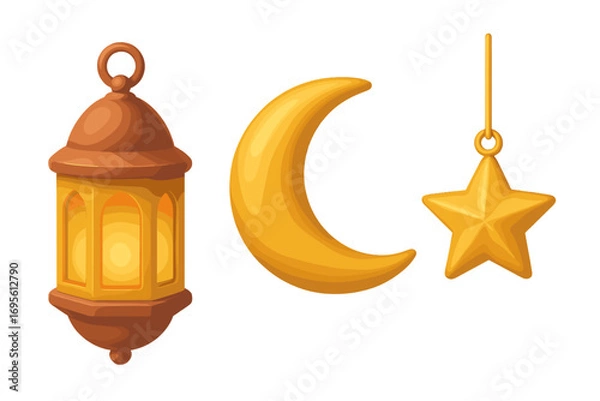 Fototapeta Ramadan Kareem 3D icon set with golden crescent moon, hanging star, and Arabic lantern. Islamic holiday cartoon vector elements for Eid al-Fitr and Mubarak celebration.