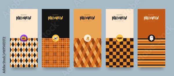 Fototapeta Halloween packaging pattern set with argyle plaid and stripe textures decorated with festive icons like pumpkin skull ghost bat and eyeball for holiday product wrapping and seasonal design use