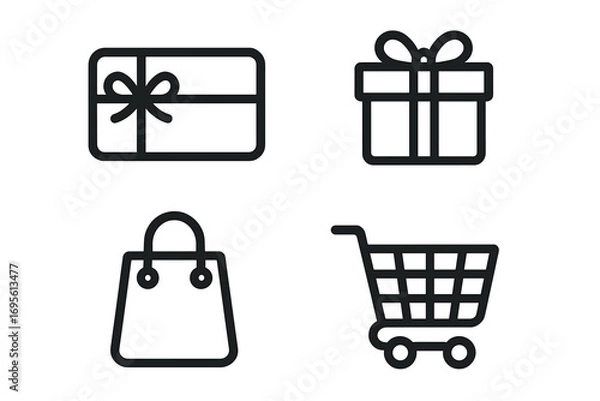 Obraz Shopping icon set with gift card, present box, bag, and cart. Simple line art symbols for retail, e-commerce, online store, sale, and discount promotion. Vector.