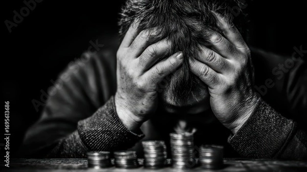 Fototapeta A person sits with their head in their hands, appearing stressed, behind stacks of coins in a dark, moody setting