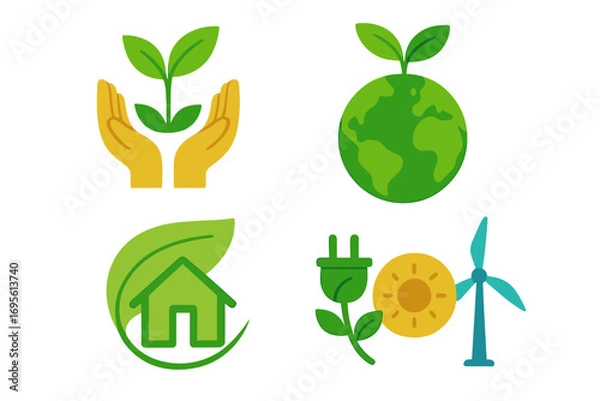 Fototapeta Set of eco-friendly symbols promoting sustainability. Icons for green and renewable energy. Vector concepts for conservation, ecology, solar and wind power, and planet care.