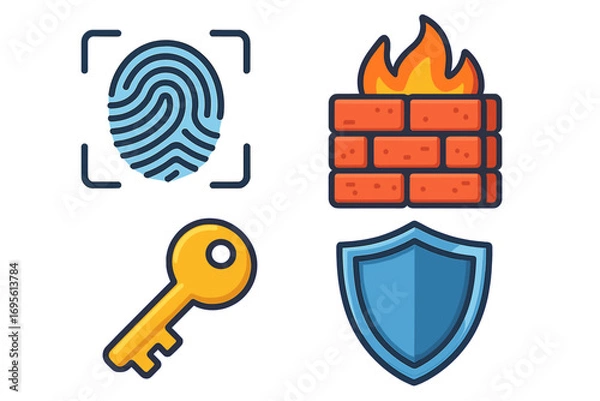 Fototapeta Cybersecurity vector icon set with digital security symbols. Flat cartoon illustration of fingerprint scanner, firewall, access key, and protection shield for data privacy concepts.
