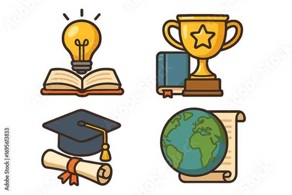 Fototapeta Education icon set. Cartoon vector symbols for learning, achievement, graduation, success. Includes lightbulb idea, open book, trophy, diploma, graduation cap, and world globe.