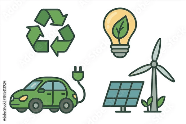Obraz Vector icon set for energy conservation and renewable resources. Eco friendly symbols like recycling, electric car, wind turbine, solar panel and green energy light bulb illustration.