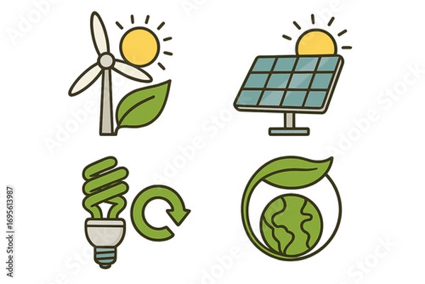 Fototapeta Renewable energy vector icon set. Wind turbine, solar panel, recycle symbol. Green energy, sustainability, and ecology concept. Clean technology for a greener future.