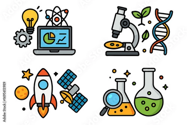 Obraz Science and technology icon set collection. Biology, chemistry, space exploration concepts. Data analysis, innovation idea, DNA genetics, lab research, rocket launch vector icons.