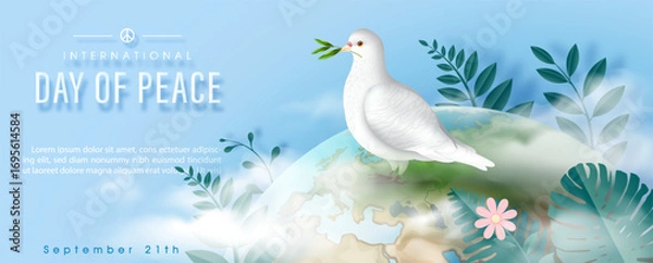 Fototapeta Banner poster illustration of International Day of Peace with white dove peace standing on global with puffy clouds and tropical plants, wording of event and example texts on blue background.