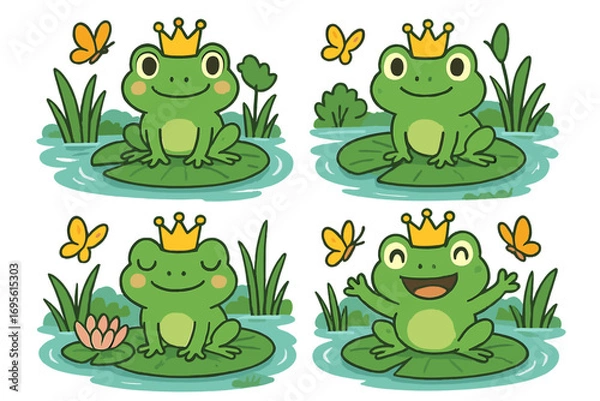 Fototapeta Cute frog prince cartoon character set. Fairytale green frogs with crowns on lily pads in a pond. Happy royal amphibian vector illustration collection with butterflies.